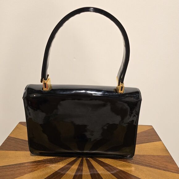 True Vintage 50s 60s Black Patent Leather Handbag Purse Working Whistle Clasp - Picture 9 of 16